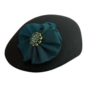 100% Wool Newsboy Black Hat Cap Floral Brooch Handmade Upcycled Black Gold Blue
